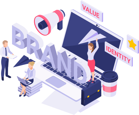 Brand Building Strategy Session Marketing team collaborating on brand building strategy, with visual elements like logos and brand colors