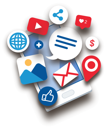 Social media icons floating out of a smartphone screen, representing digital connectivity and online engagement